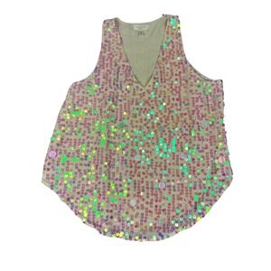 Moulinette Soeurs Tank Top Women 8 Pink Good Iridescent‎ Sequin V-Neck Glam